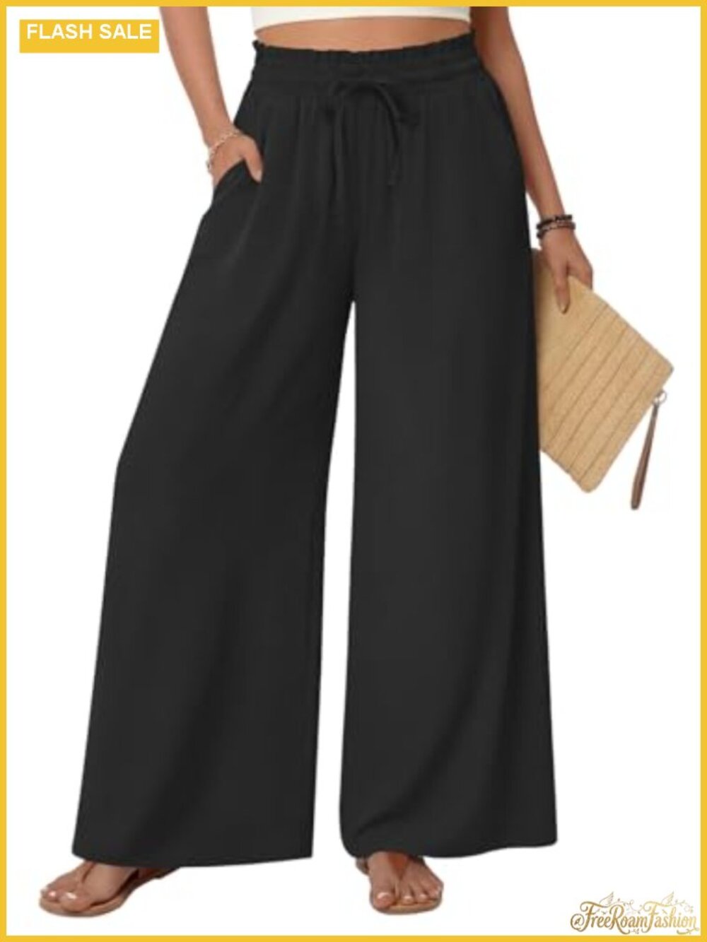 Women Wide Leg Palazzo Pants Gaucho Flowy Boho High Waisted with Pockets